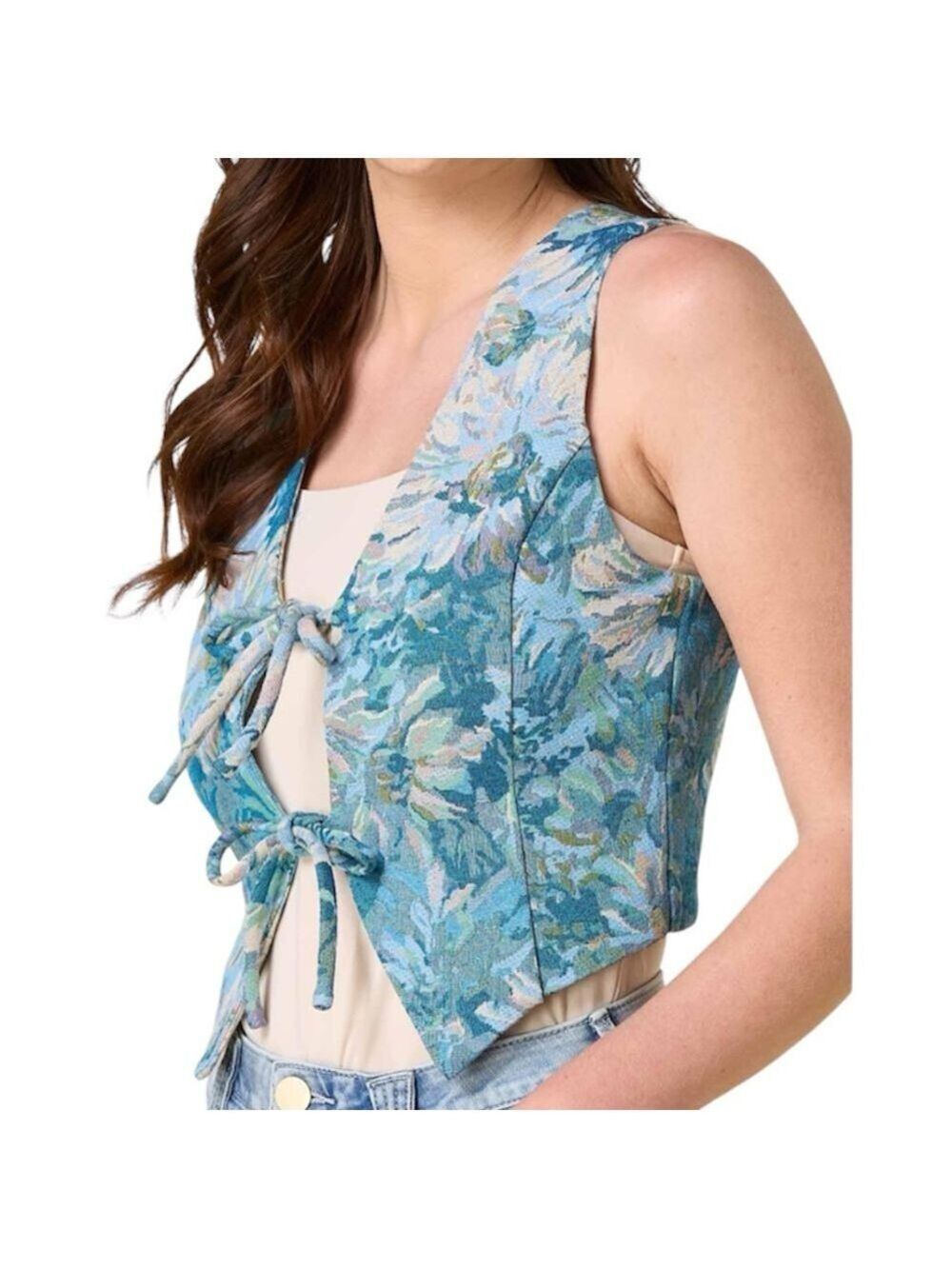 NWT STOOSH blue floral tapestry retro tie front cropped granny vest S